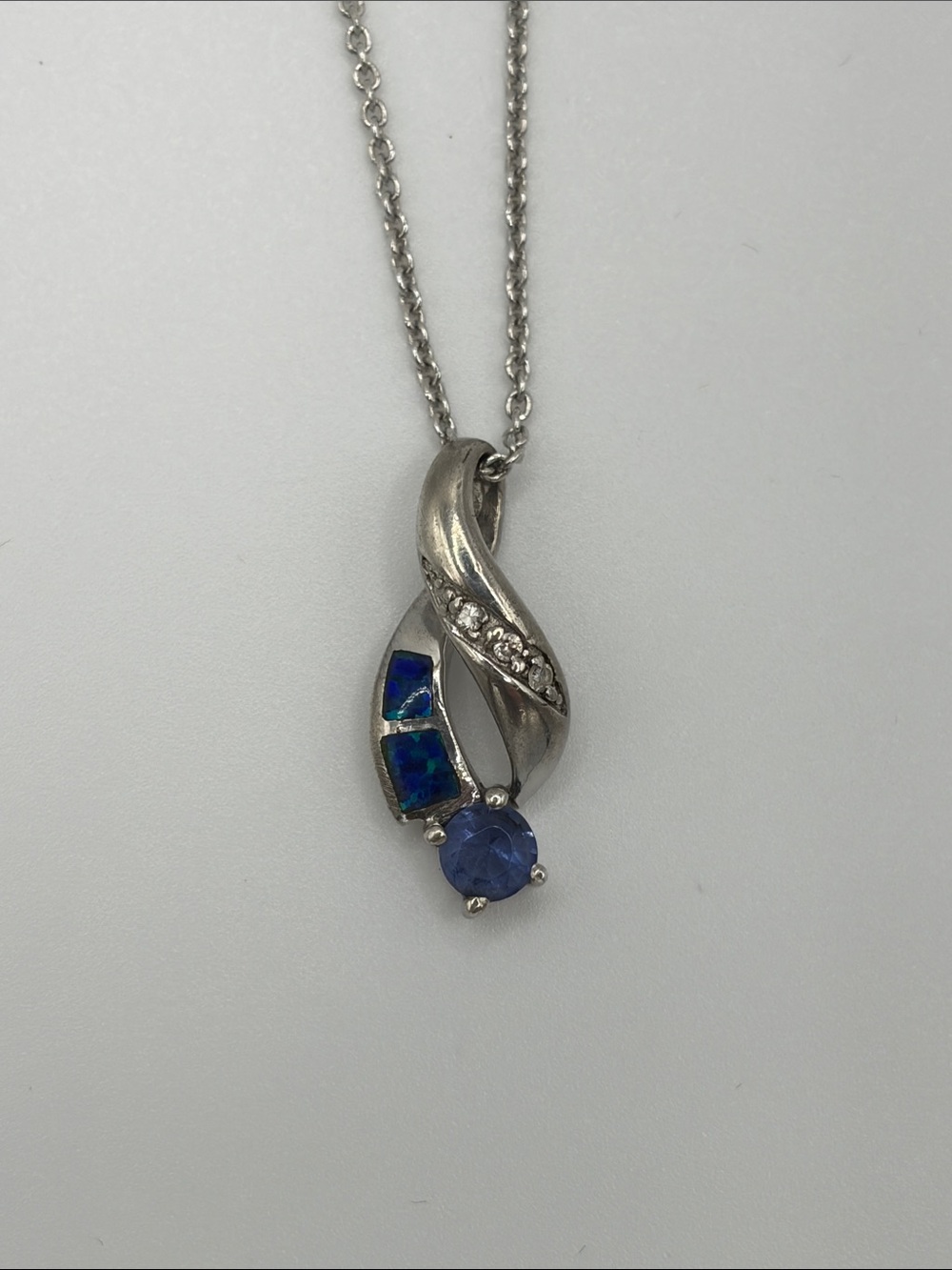 Sterling Silver Blue Opal and blue stone Pendant Necklace on 16โ silver chain